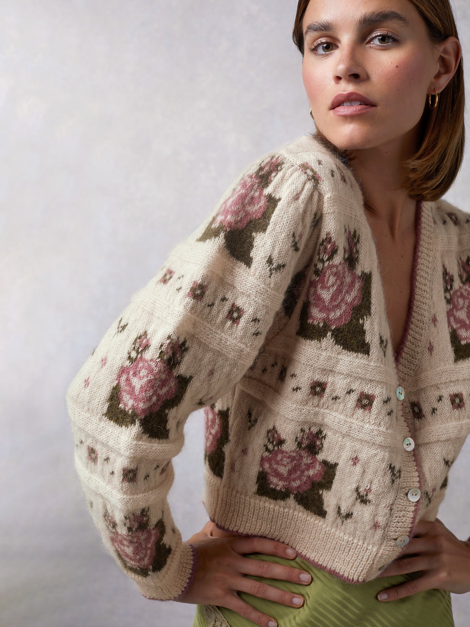 Cardigan in jacquard with ecru flower print | Rouje