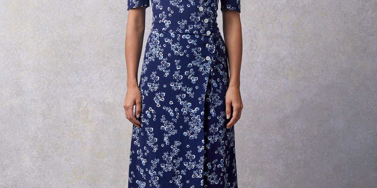 Navy floral midi wrap dress | Rouje