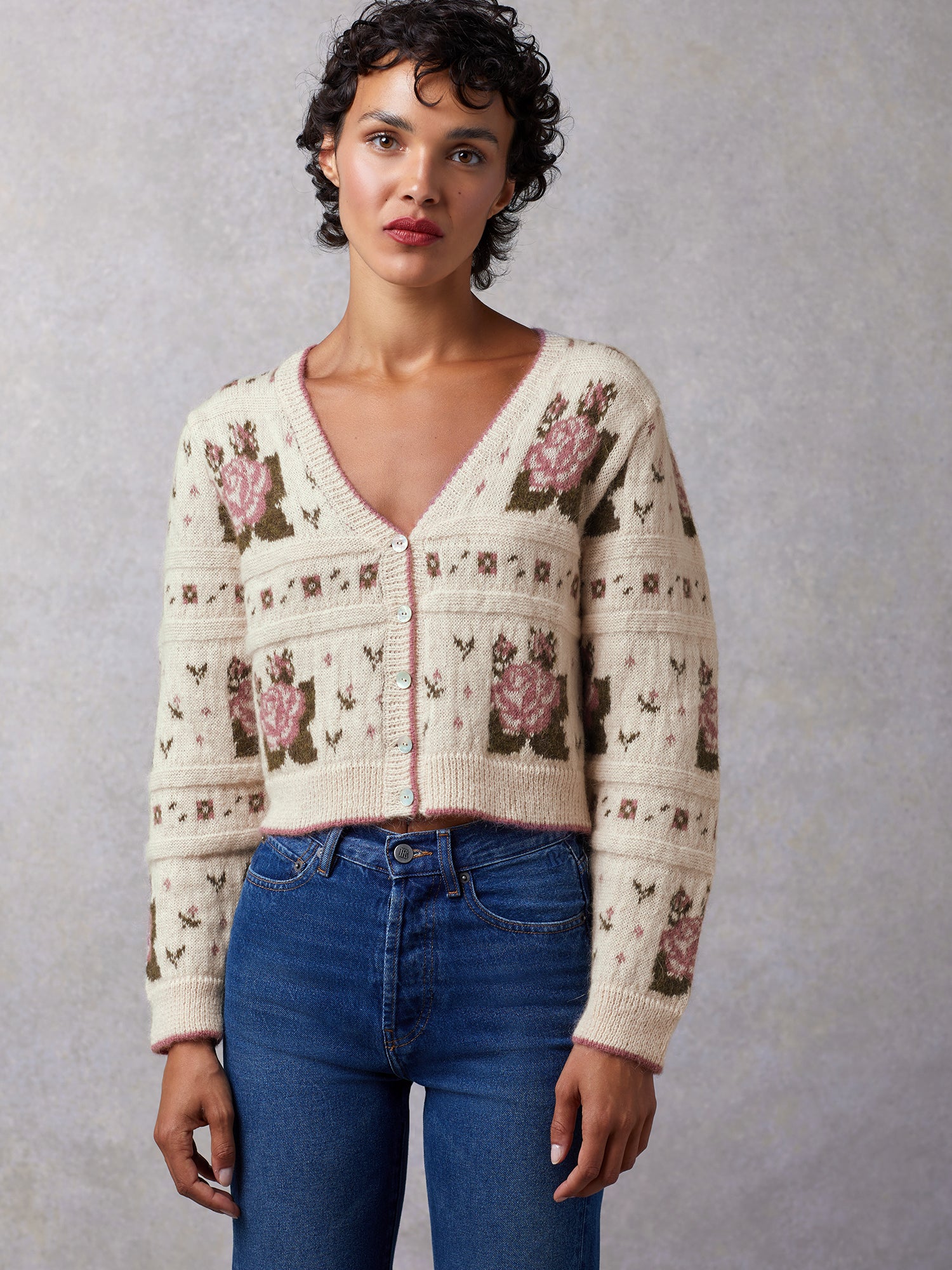 Cardigan in jacquard with ecru flower print | Rouje