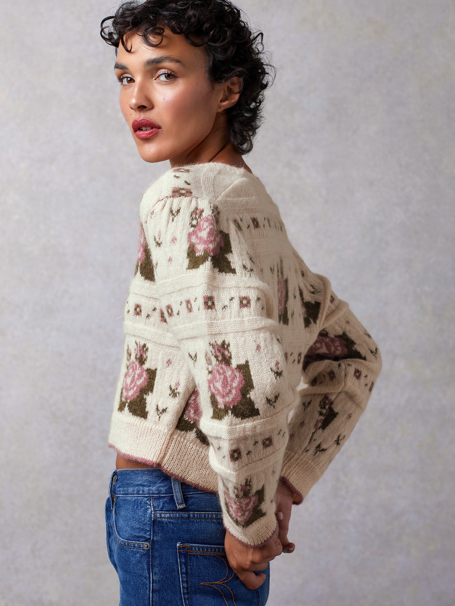 Cardigan in jacquard with ecru flower print | Rouje