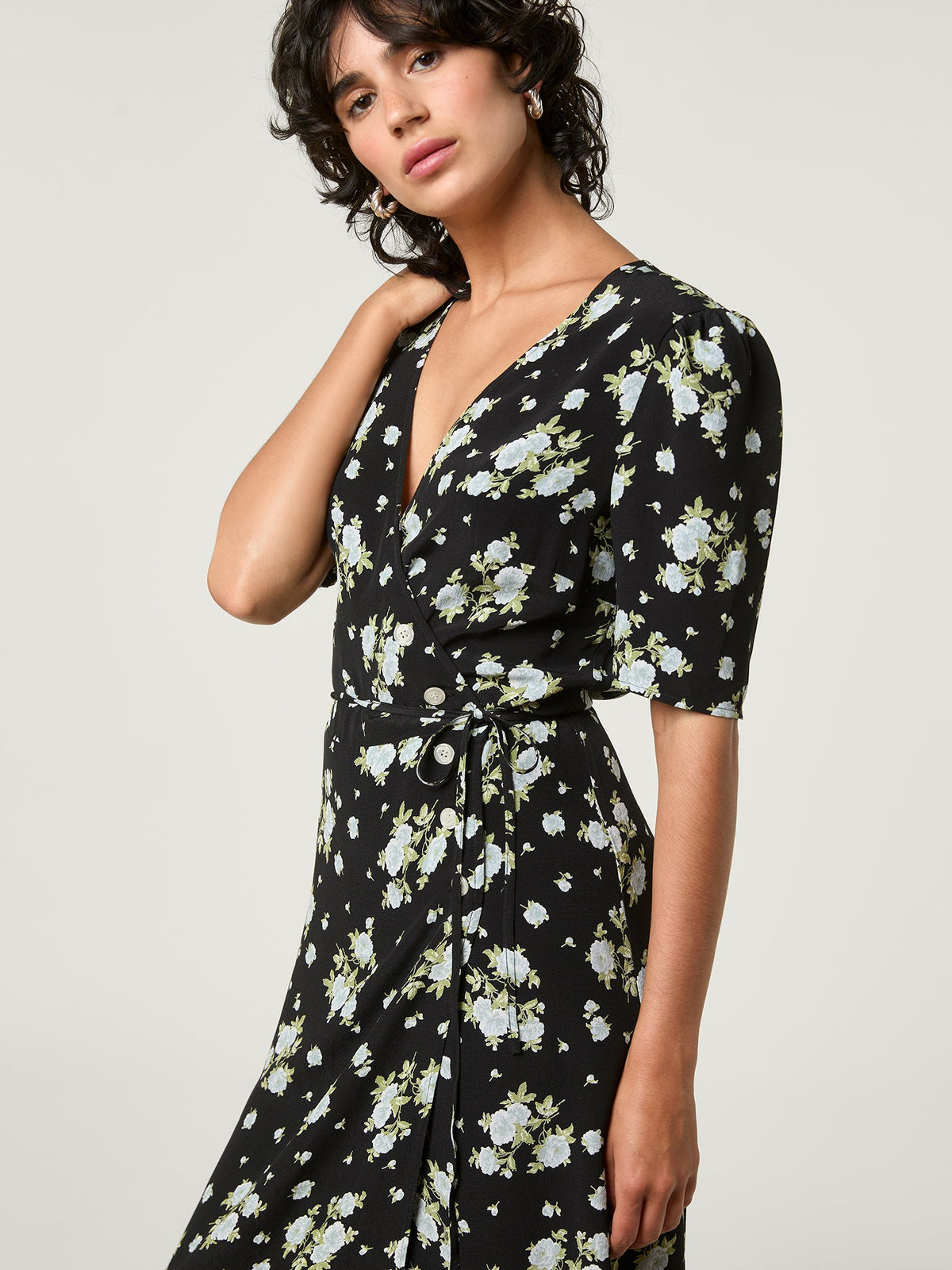 Black floral print midi wrap dress Rouje