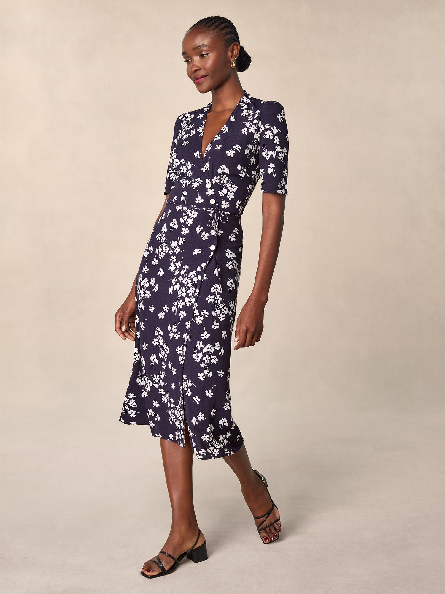 Mid-length wallet dress with navy cherry print | Rouje