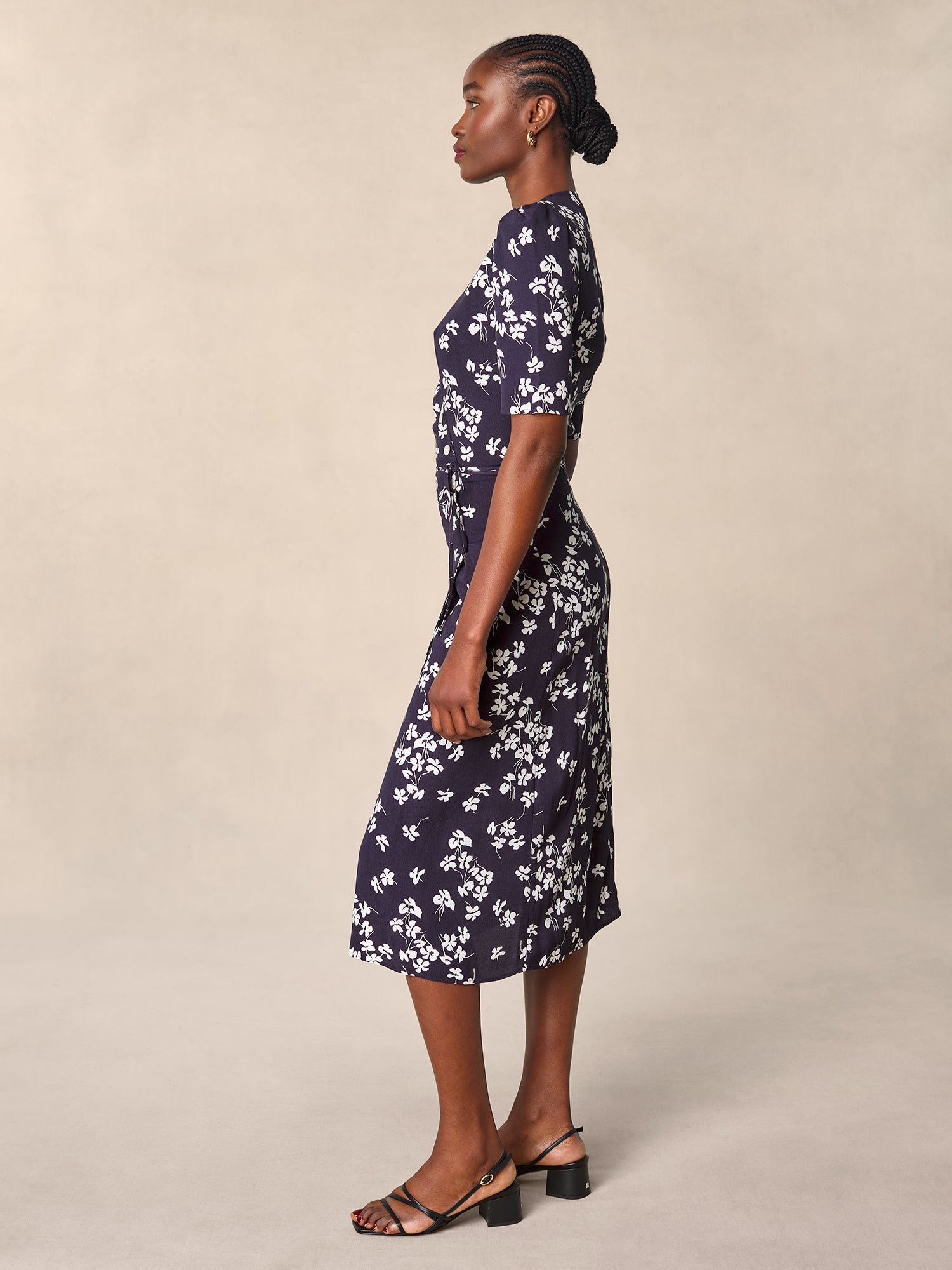 Mid-length wallet dress with navy cherry print | Rouje