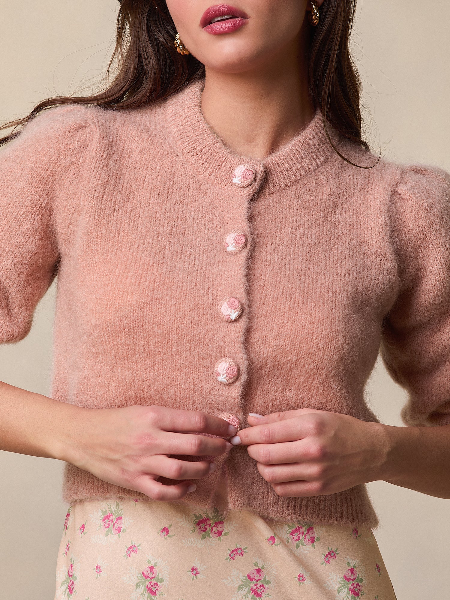 Short mohair cardigan with embroidered buttons | Rouje