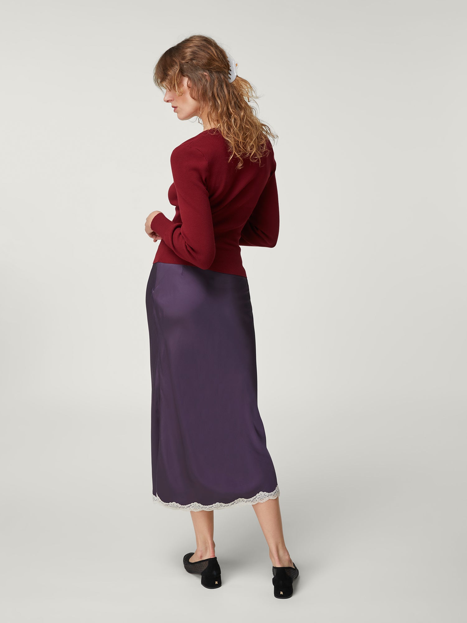 Fluid midi skirt in satin and lace | Rouje